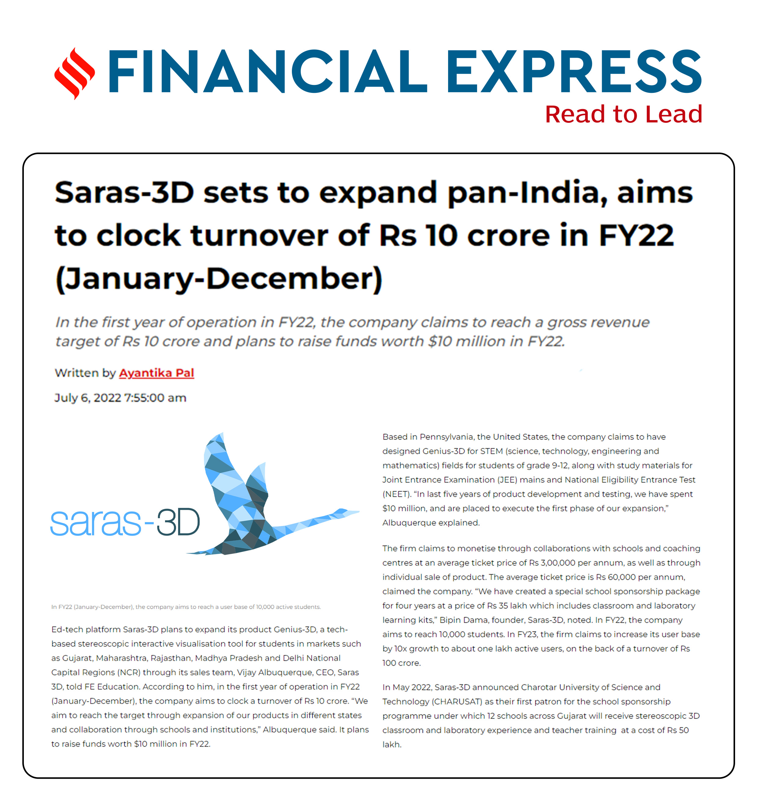 Saras-3D sets to expand pan-India, aims to clock a turnover of Rs. 10 crore in FY22 (January-December).